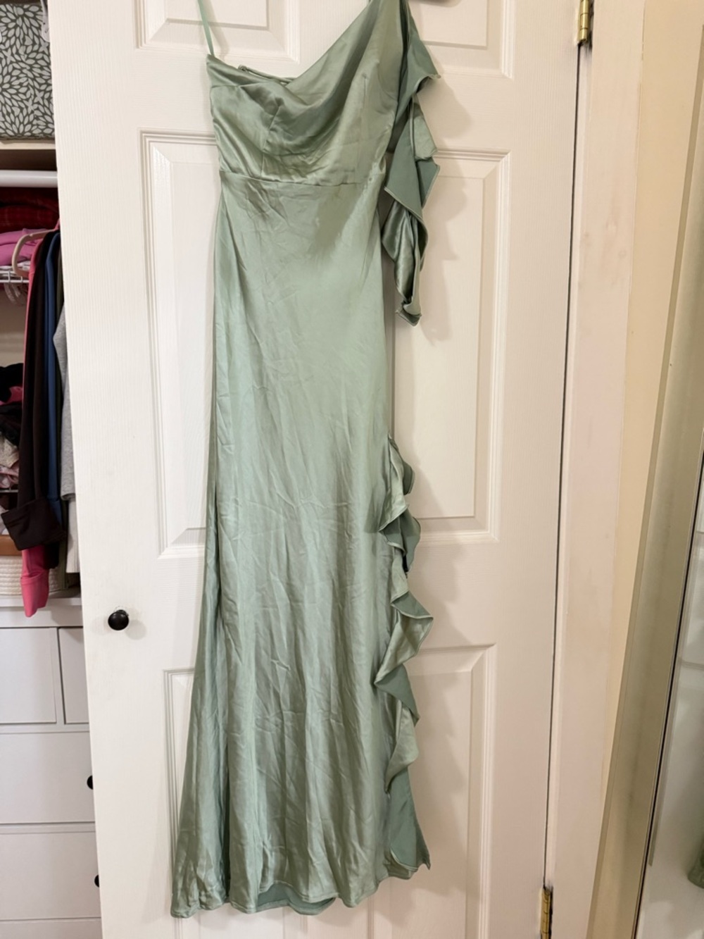 Hello Molly Mint One-Shoulder Ruffle Satin Gown